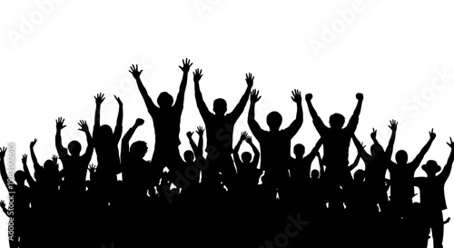 Silhouette of a large crowd of people cheering and celebrating with arms raised high in the air.