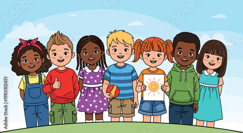 A diverse group of happy, smiling children of various ethnicities and genders standing together outdoors under a bright sky.