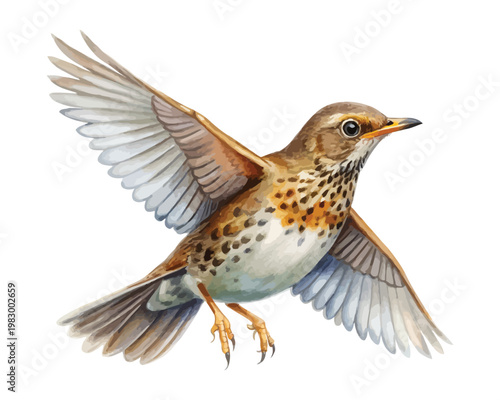 Hand-Painted Thrush Watercolor, Cute Woodland Songbird Clipart, Isolated Vector Illustration