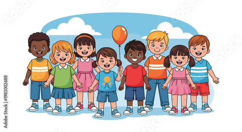 A diverse group of happy, smiling children of various ethnicities and genders standing together outdoors under a blue sky with clouds, holding a balloon.