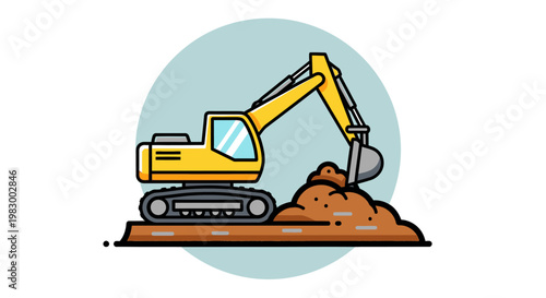 Yellow excavator digging dirt with tracks and bucket.