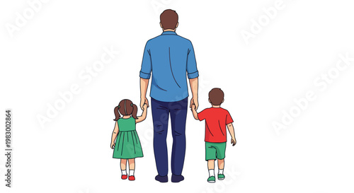 Father walking with his two children holding hands.