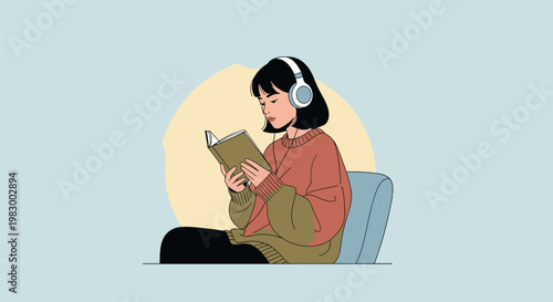 Young Woman Reading a Book While Listening to Music.