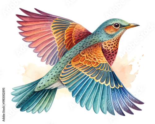Watercolor Thrush, Forest Songbird Art, vector illustration isolated on white background