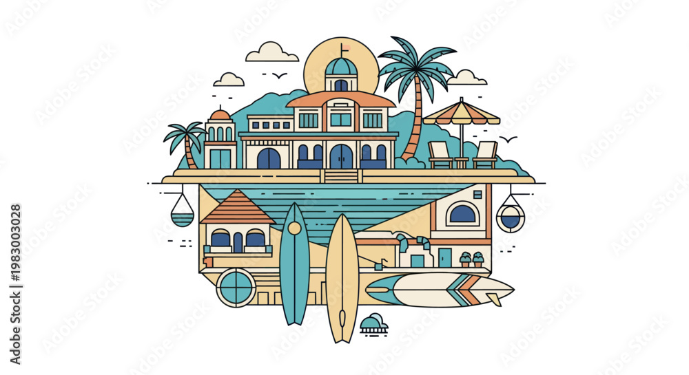 Naklejka premium Tropical island scene with surfboards and beach houses.