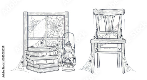 Spooky abandoned scene with spiderwebs, books, and a vintage lamp
