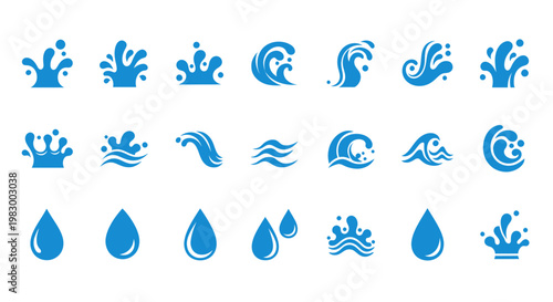 Set of blue water splashes, waves, and drops icons