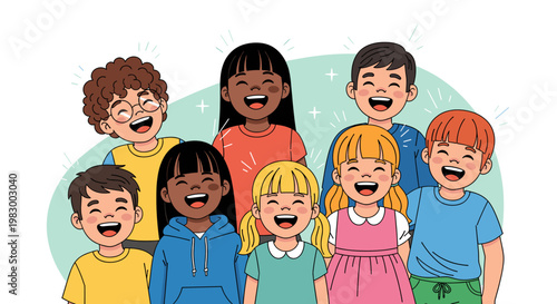 A diverse group of happy, smiling children of various ethnicities and ages, depicted in a cheerful, illustrative style.