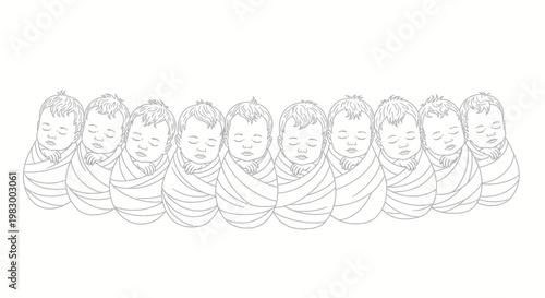 Row of sleeping newborn babies in swaddling clothes