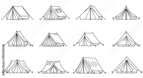 Collection of different vintage camping tent illustrations