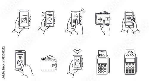 Set of line icons representing contactless mobile payment and digital wallet technology.
