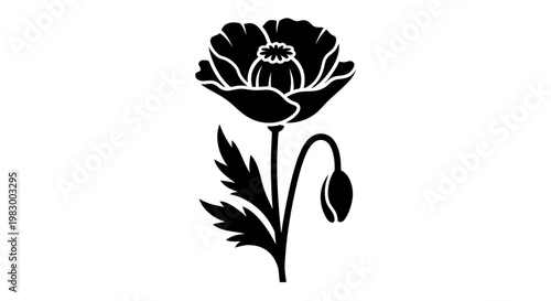 Black poppy flower silhouette icon isolated on white background