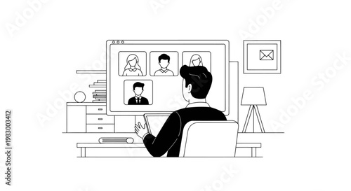 Illustration of a man participating in an online video meeting from a home office desk