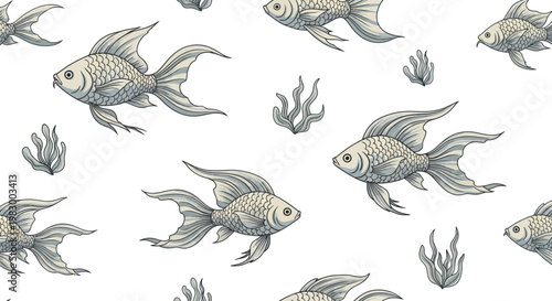 Seamless pattern of elegant goldfish and seaweed in a clean design.