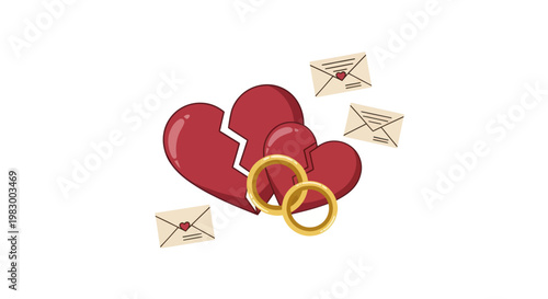 Illustration of a broken heart, wedding rings, and letters symbolizing divorce and relationship
