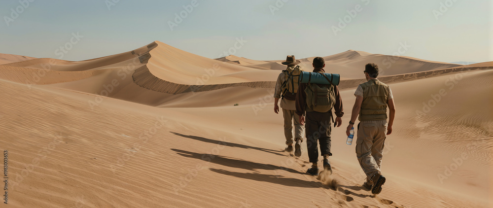 Fototapeta premium Group of hikers with backpacks walking across desert sand dunes, exploring remote landscape, footprints in sand, adventure and travel 