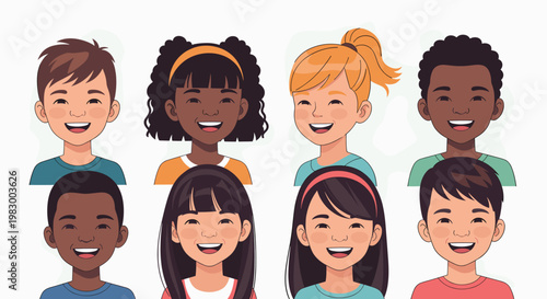A collection of eight diverse cartoon children's faces, four boys and four girls, all smiling brightly with happy expressions.