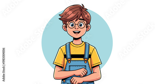 Smiling cartoon boy with glasses and brown hair wearing a yellow t-shirt and blue overalls against a light blue circle background.
