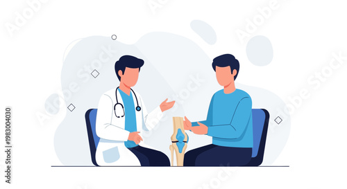 Doctor consulting patient about knee joint health, medical illustration