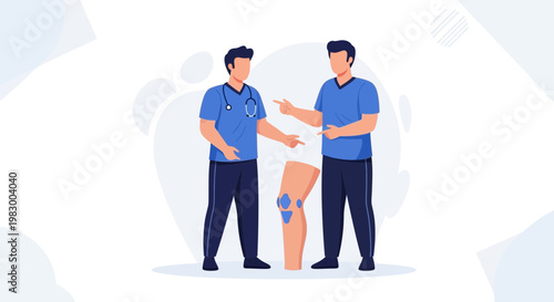 Doctor consulting patient about knee joint health, medical illustration