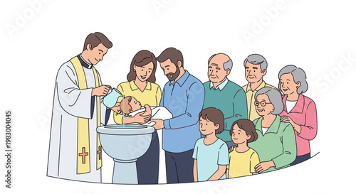 Family Baptism Ceremony with Priest and Relatives