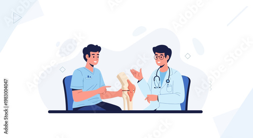 Doctor consulting patient about knee joint model, medical consultation, orthopedics