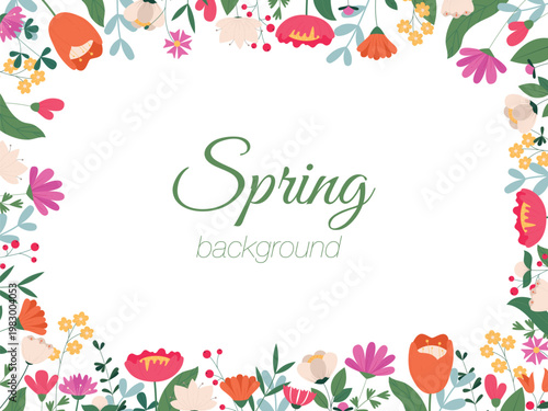 Spring banner decorated with blooming flowers and leaves. Floral backdrop. Flat vector illustration on a white background