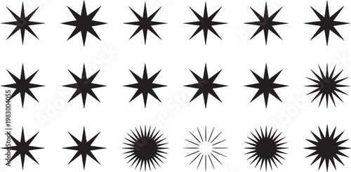 Black and white seamless pattern with starburst shapes and decorative on transparent background, star shapes