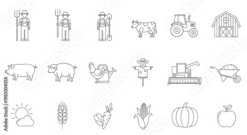 Farm Icons Set: Farmer, Animals, Tractor, Barn, Crops, Vegetables, Fruits