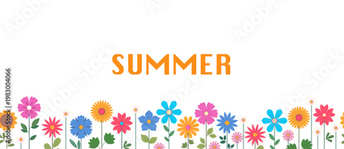 Canvas-taulu Horizontal banner decorated with a simple blooming flowers and leaves with a text Hello Summer