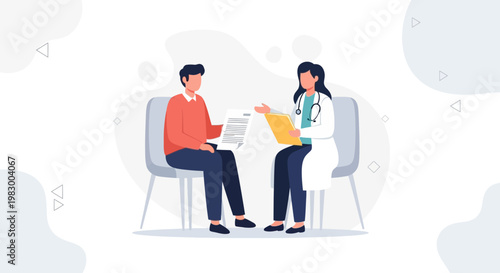 Doctor consulting patient about medical report, healthcare consultation, doctor-patient relationship