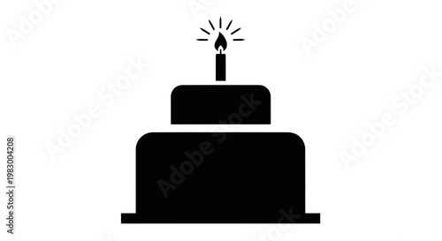Black Silhouette of a Two-Tiered Birthday Cake with a Lit Candle