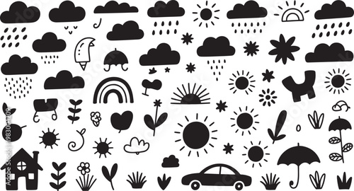 Black floral and decorative including flowers, leaves, and swirls on white background, floral flowers