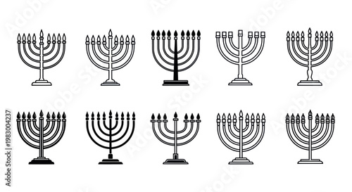Collection of Menorah Icons, Jewish Hanukkah Holiday Symbols, Vector Illustrations