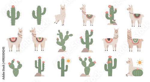 Cute Llamas and Cacti Collection: Vector Illustrations for Festive Designs