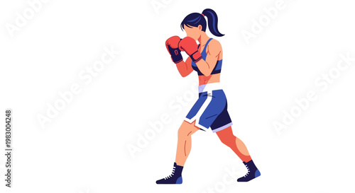 Female boxer in fighting stance isolated on white background