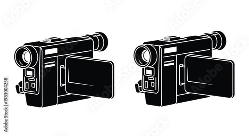 Two vintage camcorders in a black outline on transparent background silhouette