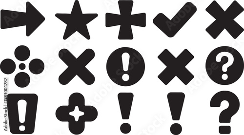 Black geometric arrows, stars, crosses, exclamation marks, question marks, and other symbols on white background