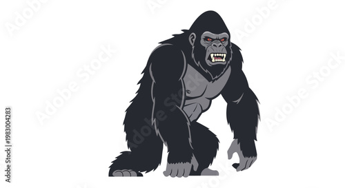 Fierce gorilla illustration with aggressive expression on white background