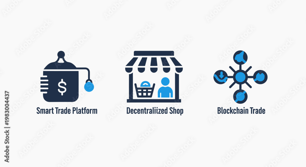 Obraz premium Set of digital trade and blockchain technology icons featuring smart trade platform decentralized shop and global blockchain trade network symbols for modern financial business applications, platform