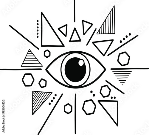 All seeing eye with geometric shapes hand drawn illustration