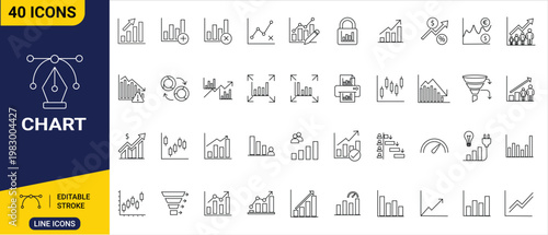 A comprehensive collection of line icons representing various types of charts and graphs for data visualization and analysis