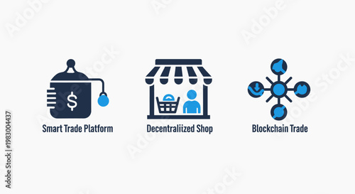 Set of digital trade and blockchain technology icons featuring smart trade platform decentralized shop and global blockchain trade network symbols for modern financial business applications, platform