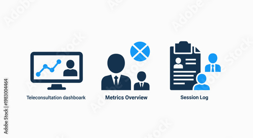 Business management and data analytics icon set featuring user activity monitoring member management and session log report elements business analytics management interface computer information
