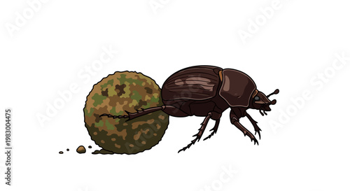 Illustration of a dung beetle rolling a ball of dung on white background