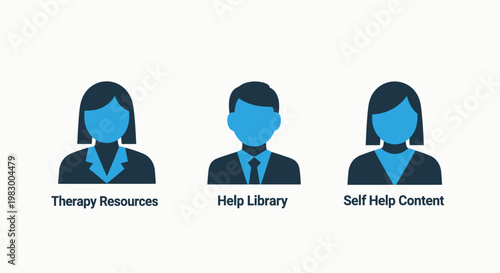 User avatar icon set for therapy resources help library and self help content displaying professional profiles for support platforms with resource professional counselor education information