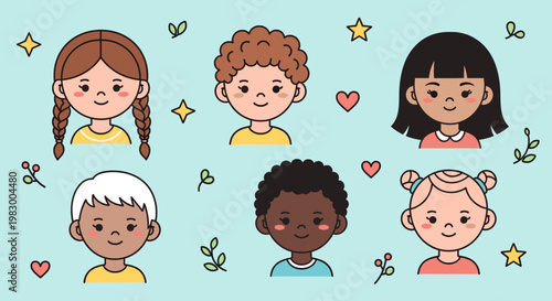 A diverse group of six cute cartoon children with different skin tones, hair colors, and hairstyles, set against a light blue background with decorative elements like stars and hearts.