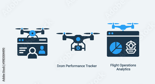 Unmanned aerial vehicle drone technology icons highlighting performance tracking flight operations analytics and remote management tools with technology operation analytics monitoring management