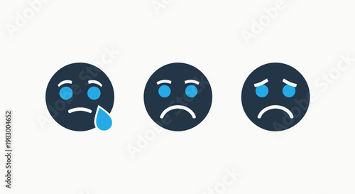 Collection of sad and crying blue emoji faces representing negative emotions poor feedback and disappointment for user experience design with emoticon depressed disappointment negative feedback