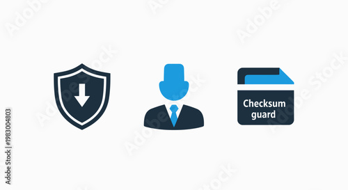 Cybersecurity and data integrity icons representing shield protection user security and checksum guard systems with security protection integrity checksum verification software business